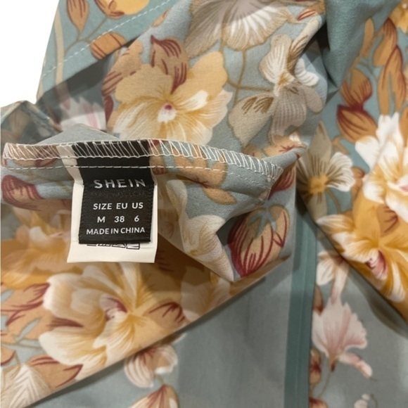 Shein Floral Printed Notched Neck Blouse Cadet Blue Medium - Picture 7 of 10